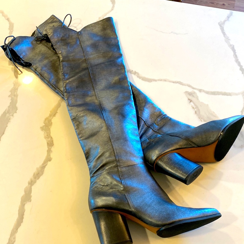 NWOT Donald J. Pliner Pull-On Over-the-Knee Leather Boots charcoal / pewter